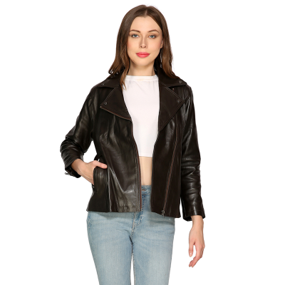 A must have Leather Jacket for Women ! Cut & Designed in a way that it looks perfect with front zipper open or closed. This leather jacket will make a style statement ! Soft and supple water resitant Lamb skin leather.