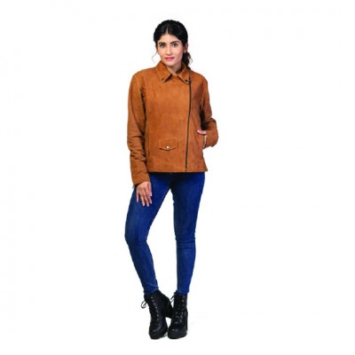 Stylist Fashion leather jacket for Women. available either in Swede leather Or lamb skin leather (Choice Is yours). A perfect crew neck leather Jacket for Fall & Spring seasons.