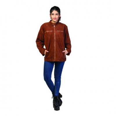 Stylist Fashion leather jacket for Women. available either in Swede leather Or lamb skin leather (Choice Is yours). A perfect crew neck leather Jacket for Fall & Spring seasons.